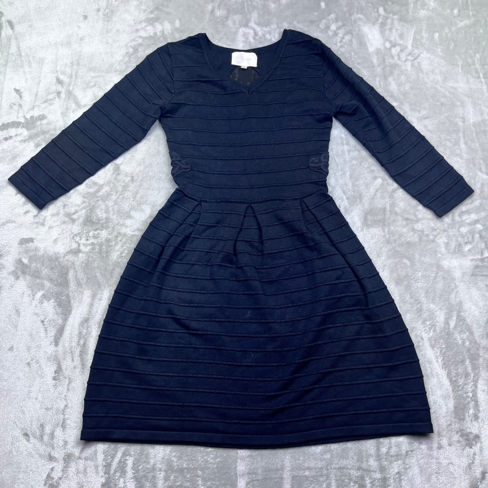Skies Are Blue Knit Dress Long Sleeve Fit Flare Ribbed‎ Black